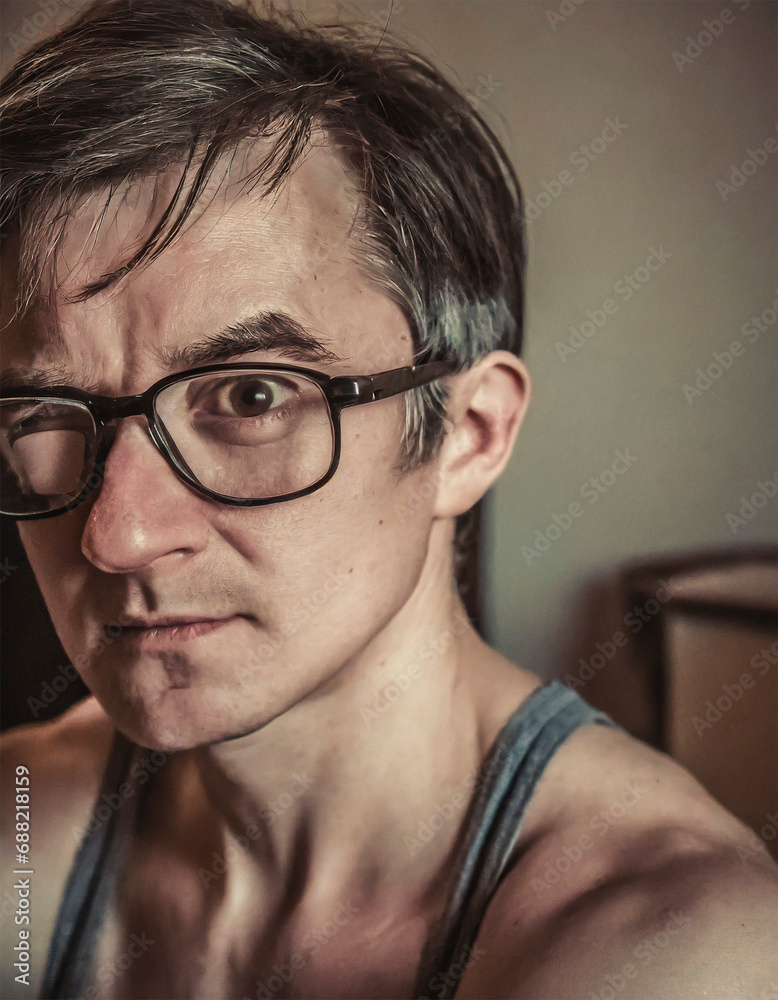 Portrait of a man with glasses, a hardworking individual in a tank top, with a sad and disheveled face in a humble house Portrait of a man with glasses, a hardworking individual in a tank top, with a sad and disheveled face in a humble house