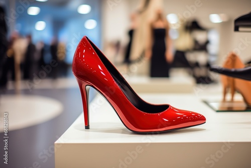 Red Black women's shoes in the store. close-up of red high heel shoes in a boutique on bokeh mall background