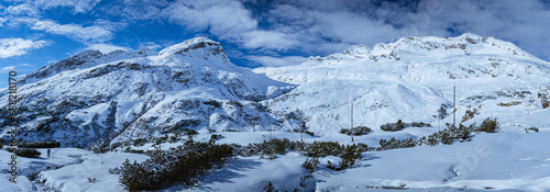 The snowy peaks of Val Mesolcina, near the town of San Bernardino, Ticino, Switzerland - November 18, 2023.