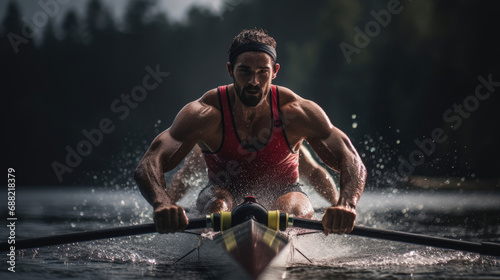 Intense rower stroke glistening water vivid jersey precision and power in rowing moment © javier