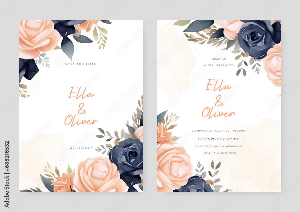 Peach and blue rose wedding invitation card template with flower and floral watercolor texture vector