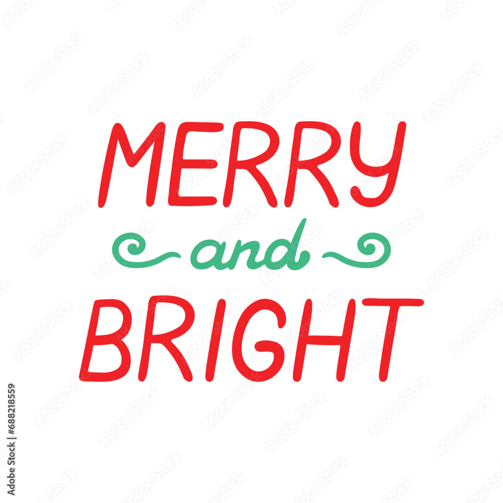 Vector Illustration Holiday Lettering Brush Script Merry & Bright New Year Christmas Red Isolated Elements White Background