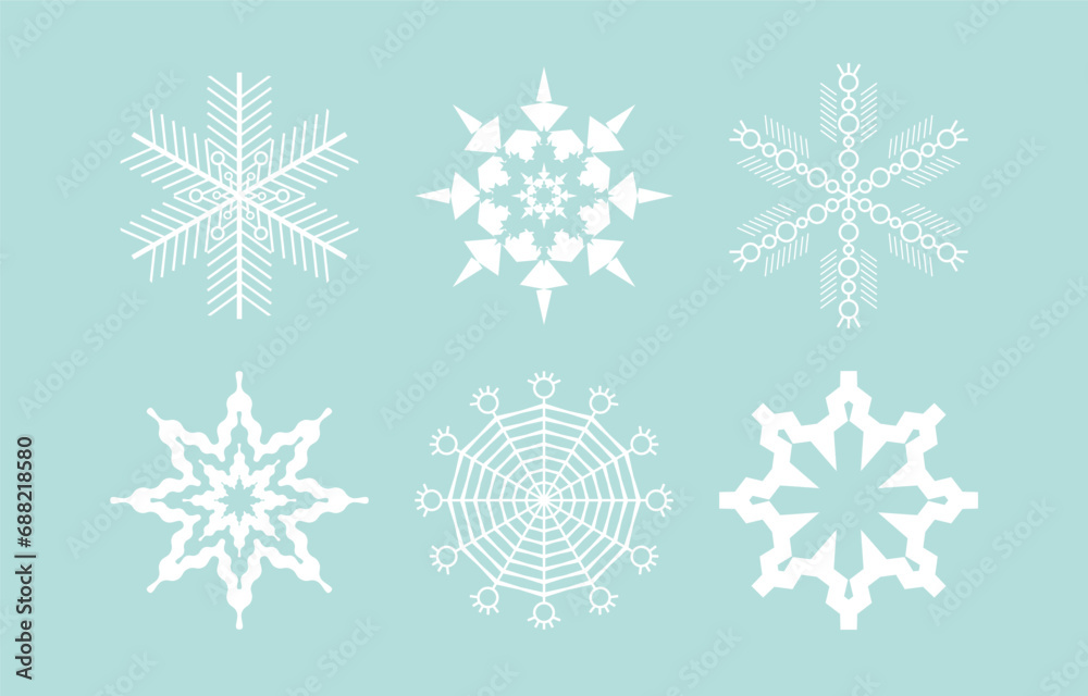 Cute snowflakes collection isolated on background. Flat snow icons, silhouette. Element for Christmas banner, cards. Cute snowflakes collection isolated on background. Flat snow icons, silhouette. Element for Christmas banner, cards.