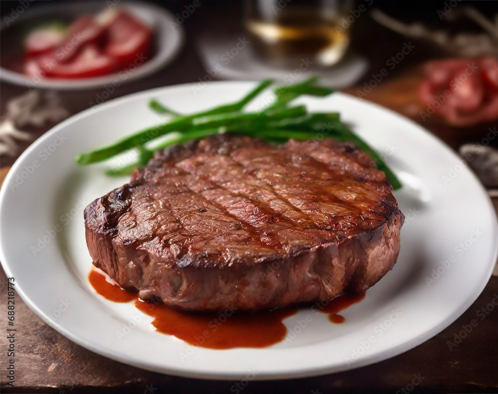 A Chateaubriand beef steak with grill strips is on a plate A Chateaubriand beef steak with grill strips is on a plate