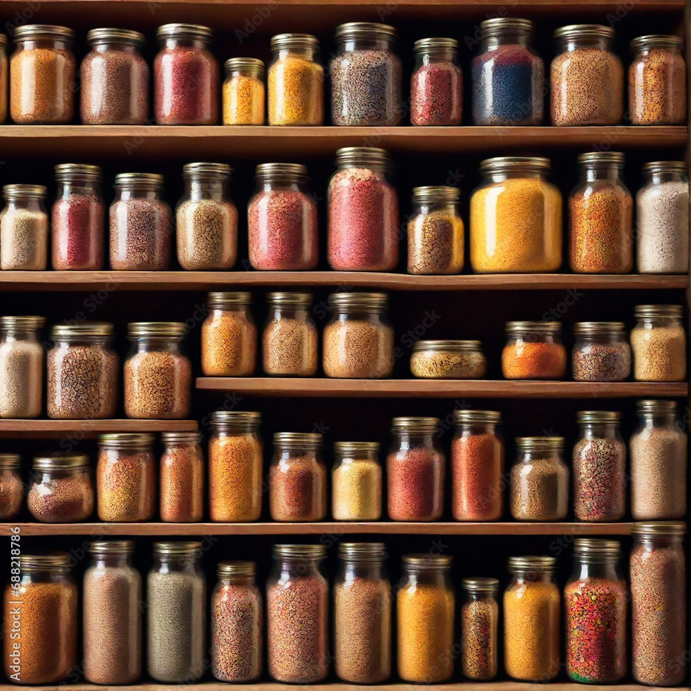 Glass jars with cereals, spices and pasta are on the shelves in the pantry Glass jars with cereals, spices and pasta are on the shelves in the pantry