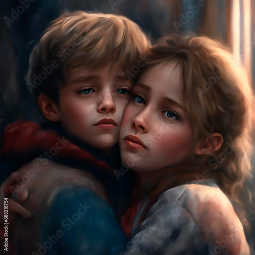 Boys hug a girl. World Hug Day