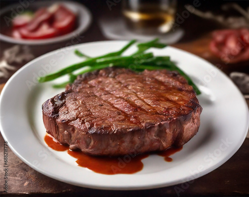 A Chateaubriand beef steak with grill strips is on a plate