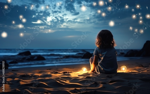 A cute little girl on the beach looking up at the stars at night