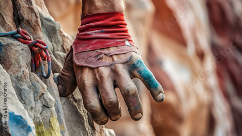 A climber's hands grip a craggy rock with vibrant chalk