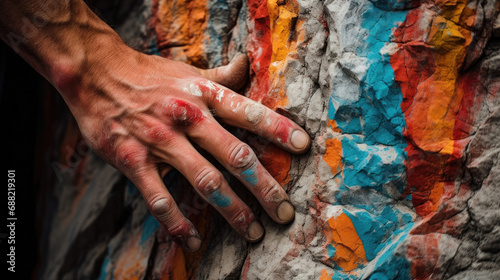 Close-up of climber's hands gripping craggy rock controlled strength and vibrant chalk