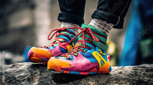 Climber's colorful shoes grip holds with finesse