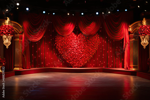 A grand Valentine's Day stage, decorated with lush red velvet curtains and a big heart made of roses.