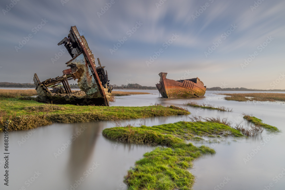 Blackpool shipwrecked boats on the Clyde coast near Blackpool and Fleetwood. Cod war fishing boats abandoned on mud flats