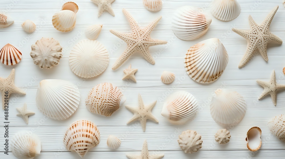 seashells on rustic white wooden background seashells on rustic white wooden background