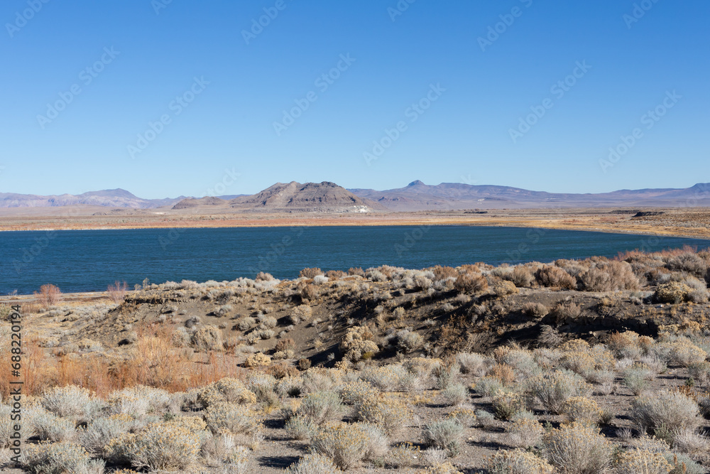 Pyramid Lake in sunny winter day in Nevada