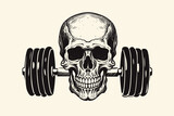 Vector skull with barbell in teeth and gym t shirt design . Design element for poster, card, banner, emblem, t shirt. Vector illustration