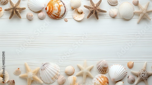 top-down photo of seashells on rustic white wooden background with room for text