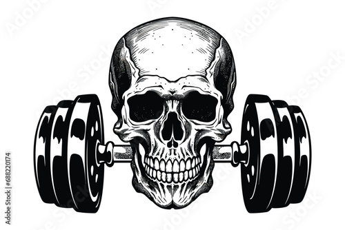 Vector skull with barbell in teeth and gym t shirt design . Design element for poster, card, banner, emblem, t shirt. Vector illustration