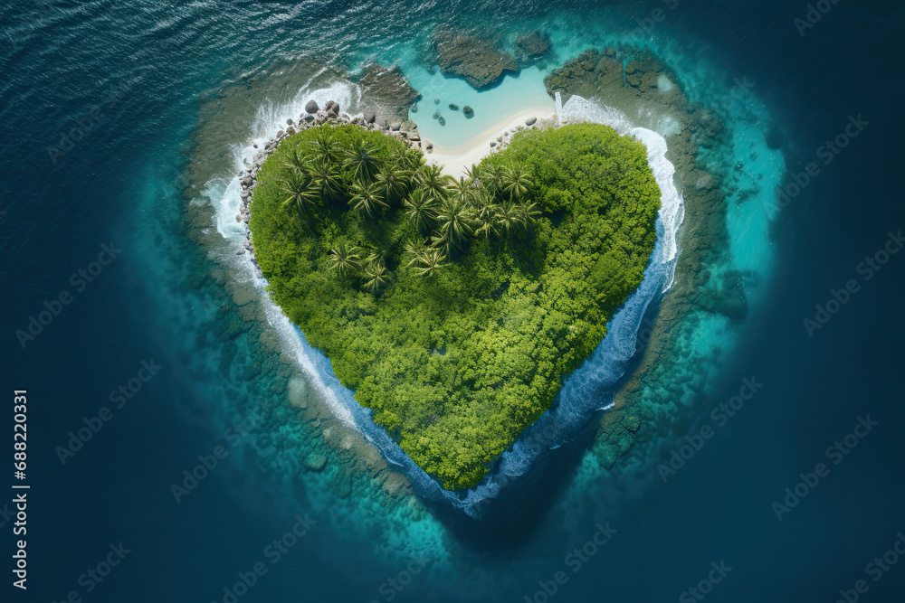 Fototapeta premium A heart shaped tropical island surrounded by blue ocean bird's eye view, photographic
