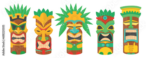 Set of colorful tiki masks in cartoon style. Vector illustration of beautiful different tiki masks with different emotions with green leaves isolated on white background. Hawaiian wooden tribal totem.