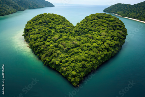 A view of a tropical trees island in the shape of a heart symbol, surrounded by blue water