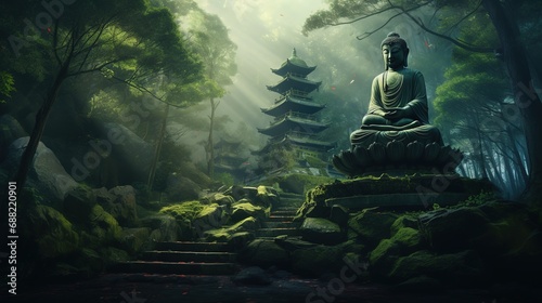 Green Buddha sits on the rock pile among forest trees. Mystical forest landscape with traditional japanese pagoda. Zen landscape. Japanese temple in the forest. 
