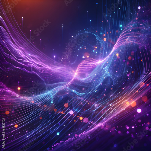 An abstract background of digital purple particles wave and light.