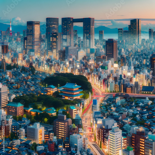 A photo of a beautiful Japanese Tokyo city town in the evening.