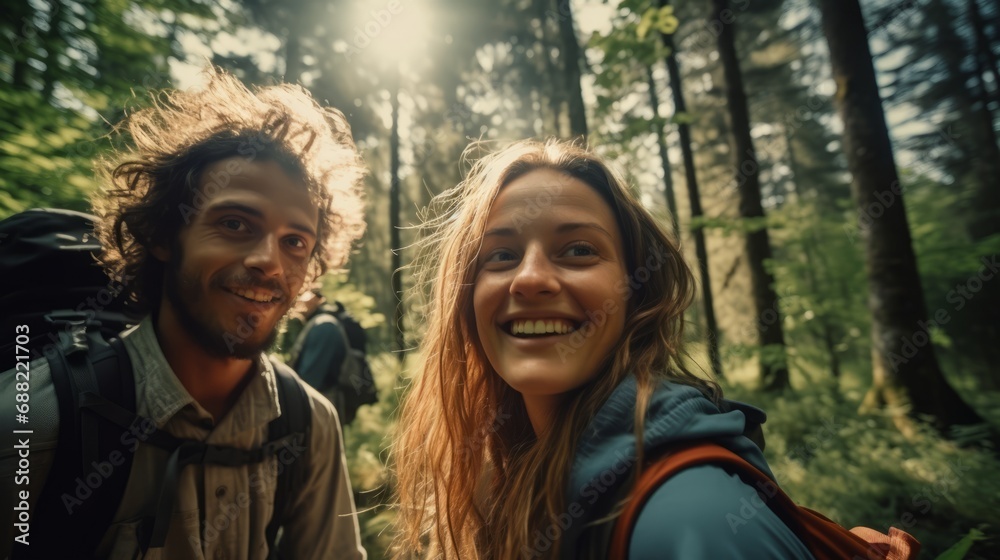 Young couple walking with backpacks deep in the lush forest Young couple walking with backpacks deep in the lush forest