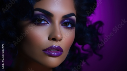 Young woman with intense make-up on purple color theme
