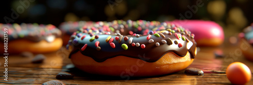 Donut banner. Chocolate doughnut  on a wooden table. Classic Donut with sprinkles. Header for website  blog  article  menu  advertisement.