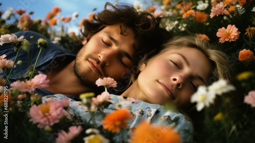 Young couple lying among flowers © PixelPaletteArt