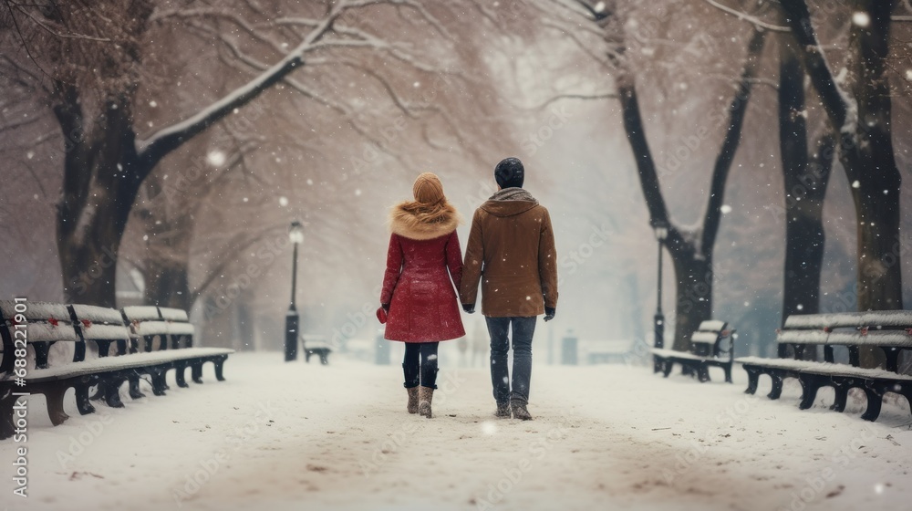 Young couple looking back, walking on a snowy winter day