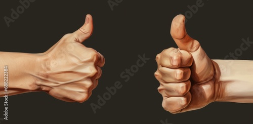 Hands of a man giving a thumbs up sign, black background. Generative AI