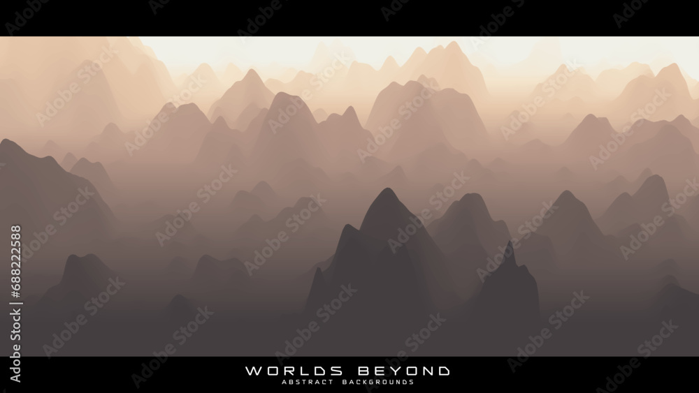 Abstract beige landscape with misty fog till horizon over mountain slopes. Gradient eroded terrain surface. Worlds beyond. - obrazy, fototapety, plakaty 