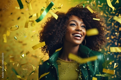 Smiling woman with green and yellow confetti falling around her. celebration concept. Generative AI