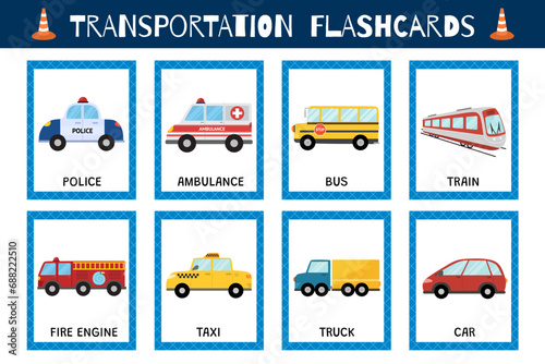 Transportation flashcards collection for kids. Vehicles flash cards set for school and preschool. Ambulance, fire engine, police and other cars. Vector illustration