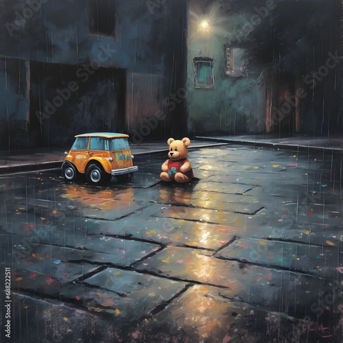 Abandoned Playtime: Evocative Scene of a Toy Car and Teddy Bear on Rainy City Pavement AI-Generativ photo