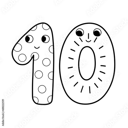 Cute number ten character in black and white for kids. Leaning numbers for preschool. Doodle number 10 in outline for coloring page. Vector illustration