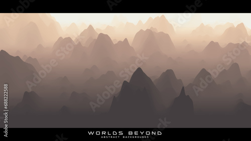 Abstract beige landscape with misty fog till horizon over mountain slopes. Gradient eroded terrain surface. Worlds beyond. photo