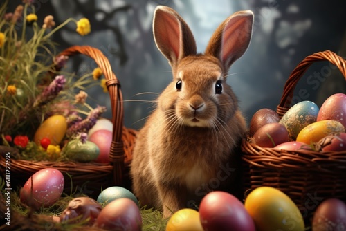 Rabbit next to baskets with Easter eggs. Generative AI
