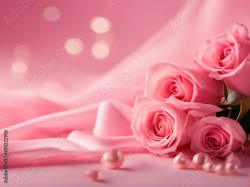 Bouquet of delicate festive light pink roses on a silk background  selective focus