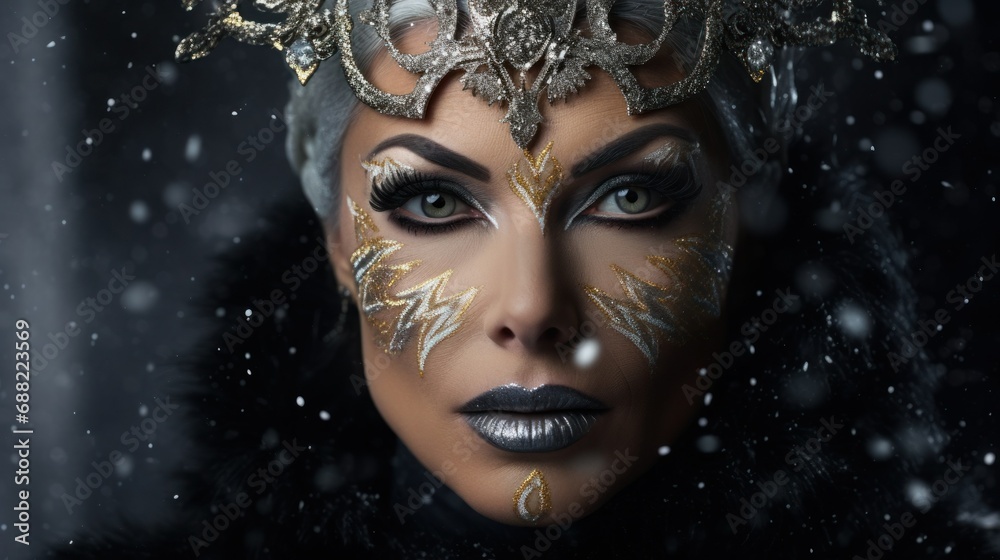 Middle-aged woman wearing a mask with make-up on her face Middle-aged woman wearing a mask with make-up on her face