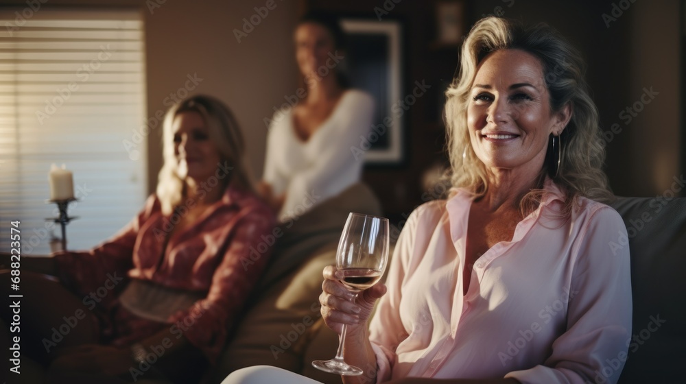 Middle-aged women are sitting in the living room with glasses of wine in their hands