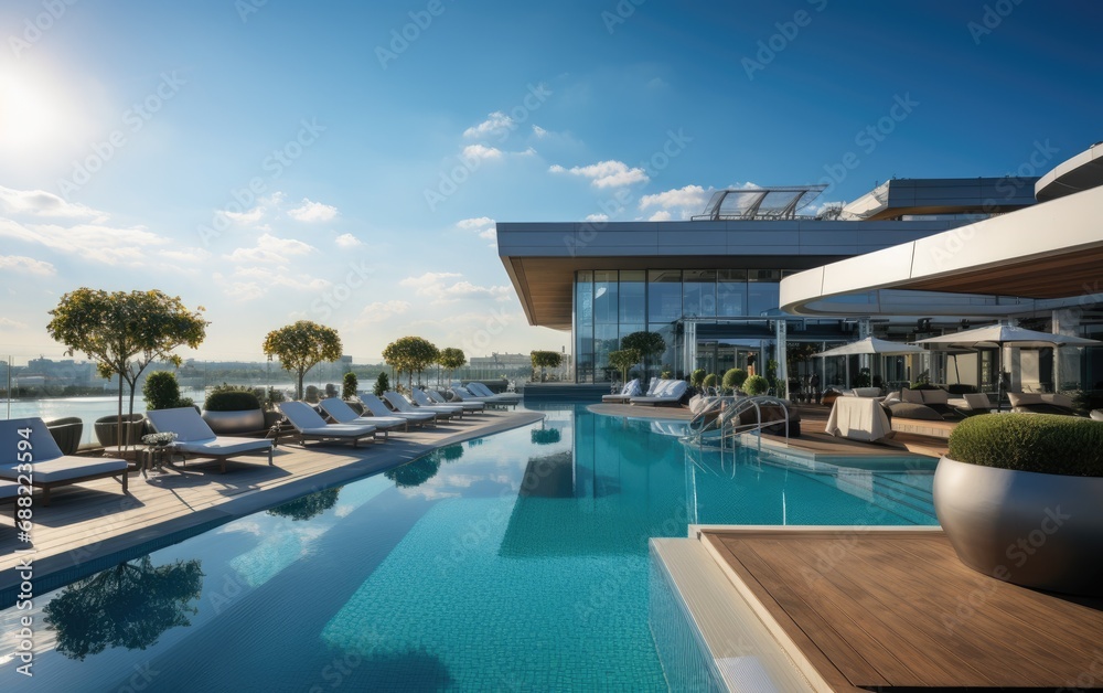 Fototapeta premium A modern superior hotel pool and superior outdoor sofas at a sunny day