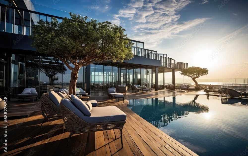 A modern superior hotel pool and superior outdoor sofas at a sunny day A modern superior hotel pool and superior outdoor sofas at a sunny day