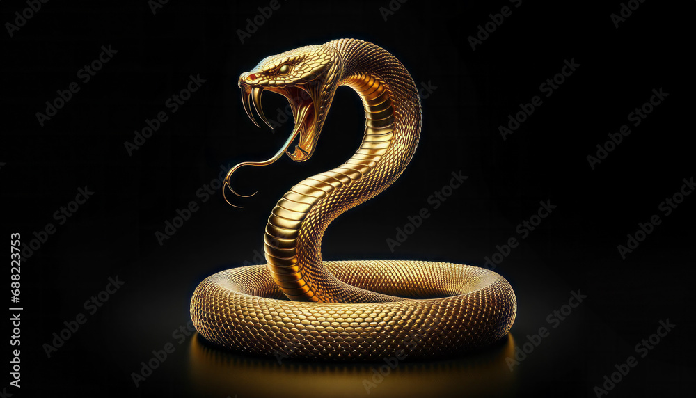Fototapeta premium Pure gold, intricately detailed snake statue, with reflective scales, curled elegantly isolated on a black background