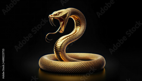 Pure gold, intricately detailed snake statue, with reflective scales, curled elegantly isolated on a black background photo