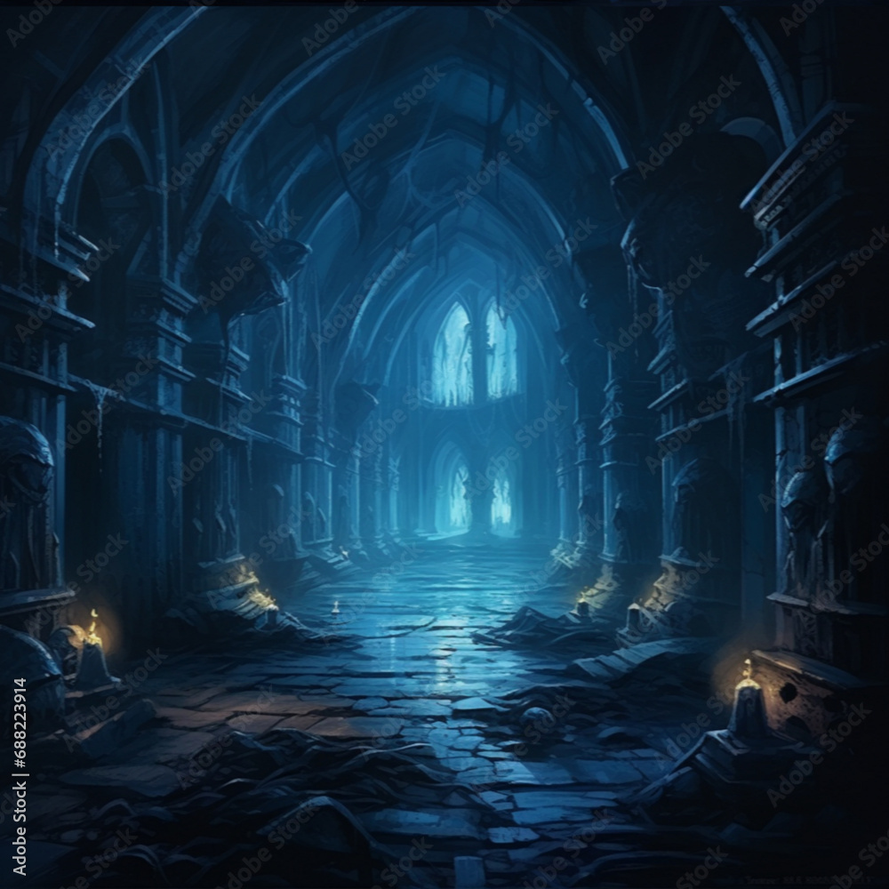 a dnd fantasy setting. This university is hidden underground and consists of ancient crypts and catacombs. Eerie blue flames light the way, and necromantic symbols adorn the walls. Oil paint style.