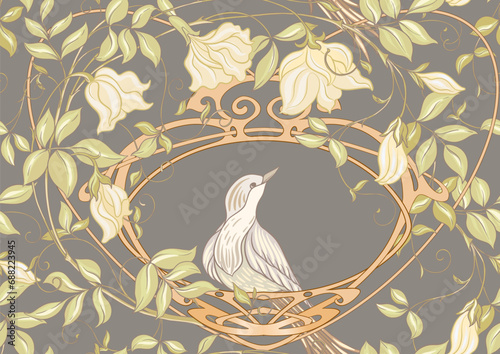 Wallpaper Mural Fantasy flowers and bird, decorative flowers and leaves in art nouveau style, vintage, old, retro style. Seamless pattern, background. Vector illustration. Outline hand drawing vector illustration. Torontodigital.ca